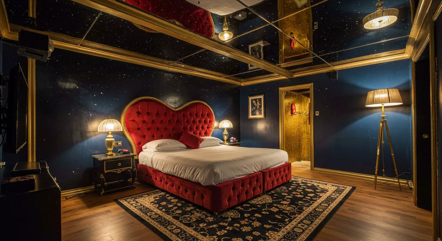 quarto de motel com cama no formato de coracao